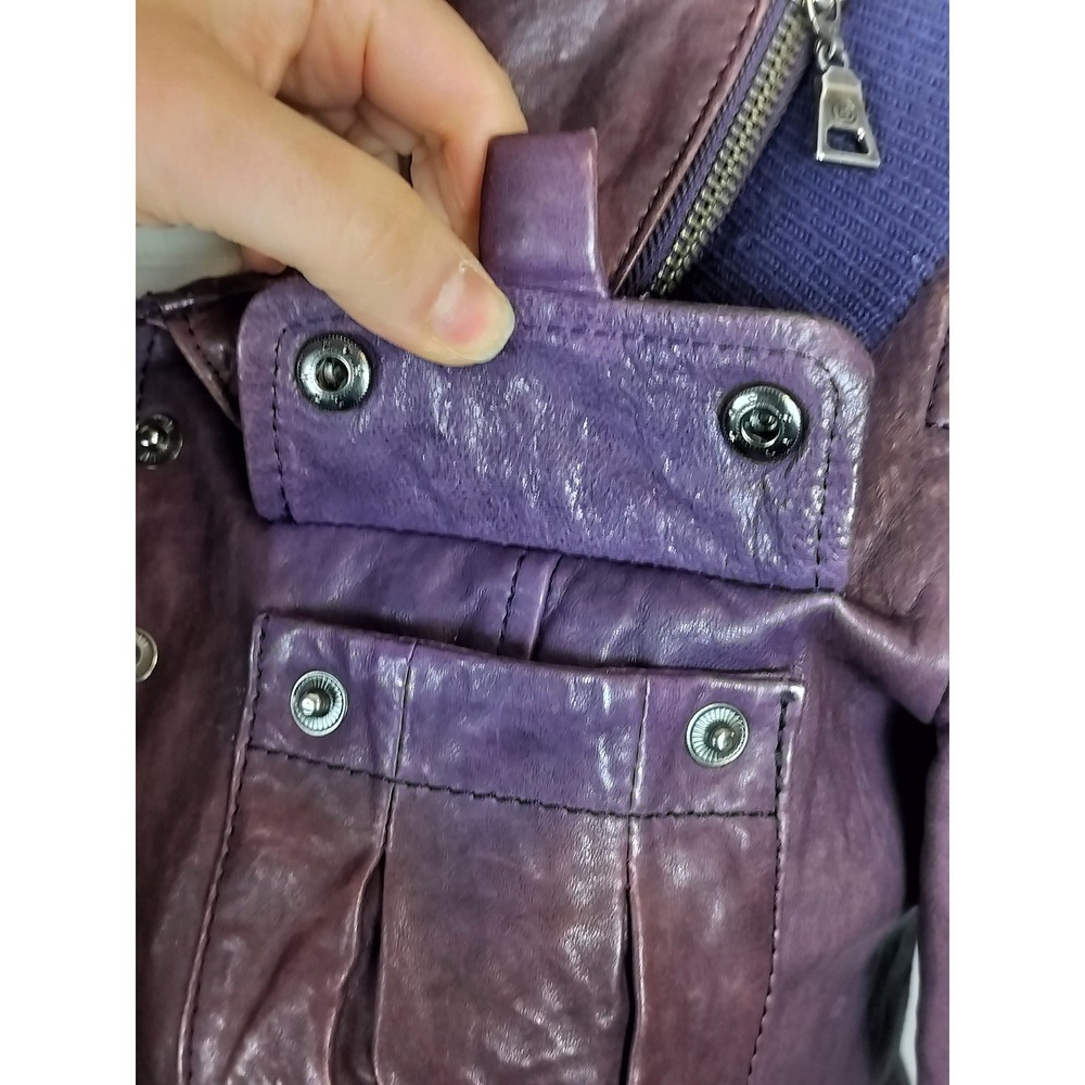 Danier Italian Leather Hooded Bomber Jacket‎ Womens 2XS Purple Ribbed Wool Trim - Picture 7 of 15